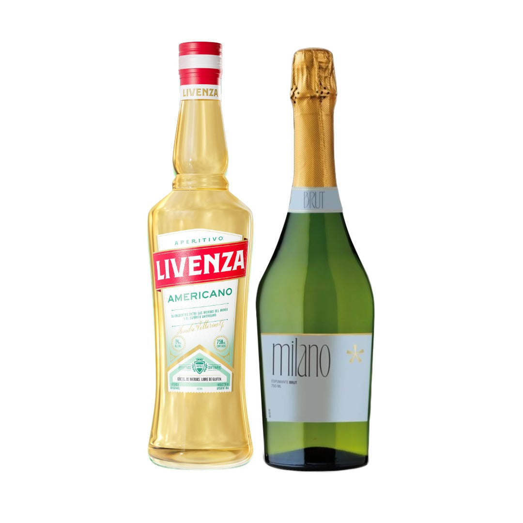 Licor Livenza Americano 750cc + Espumante Milano Brut 750cc