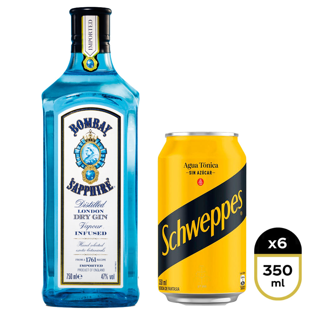 Gin Bombay Sapphire 40° 750cc + Six Pack Agua Tónica Schweppes Zero 350cc