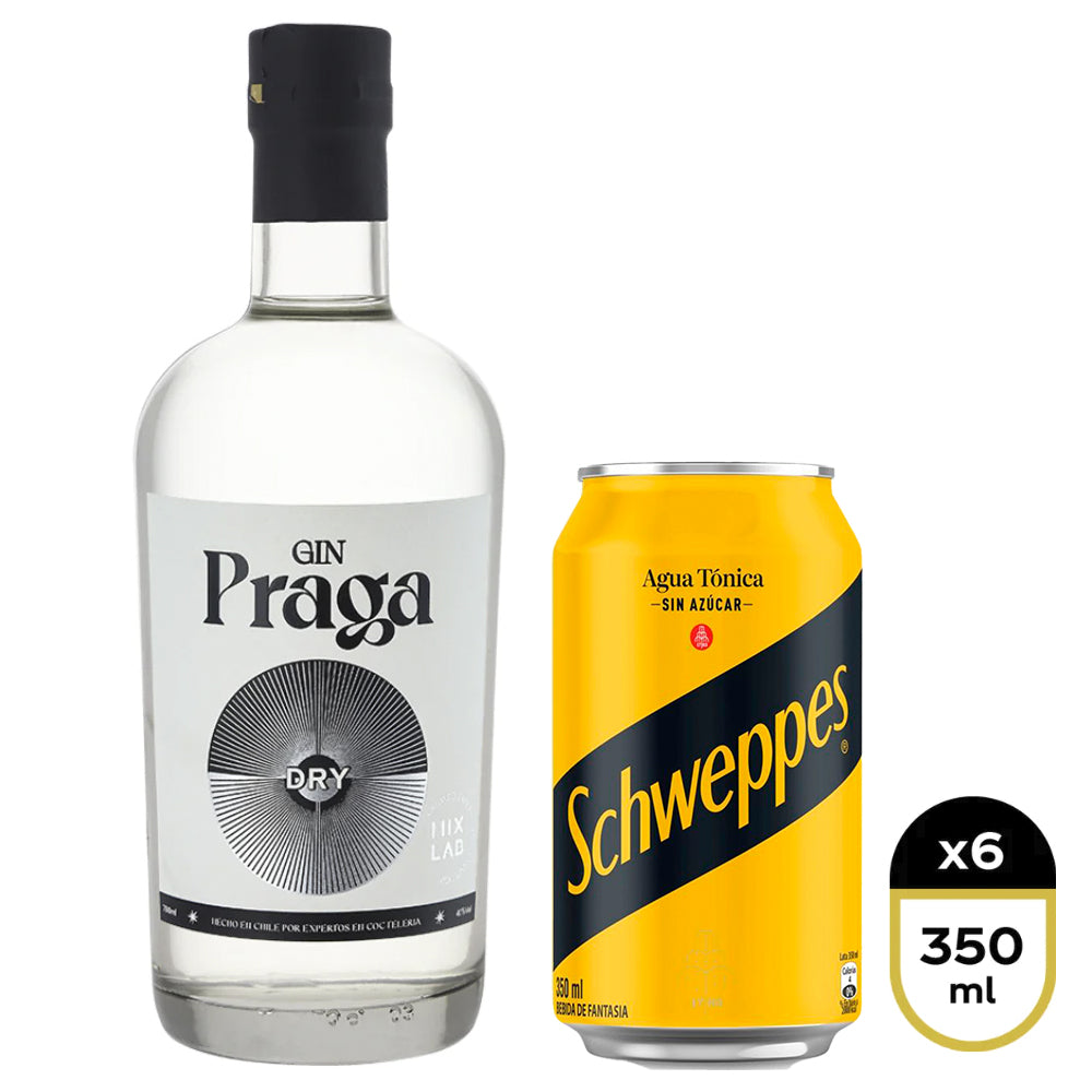 Gin Praga Dry 38° 700cc + Six Pack Agua Tónica Schweppes Zero 350cc