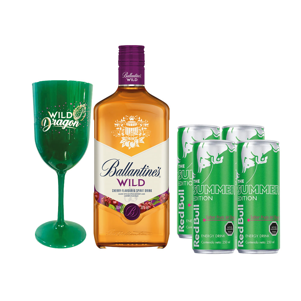 Whisky Ballantine's Wild 30° 700cc + 4 Red Bull Fruta del Dragon 250cc + Copa de regalo