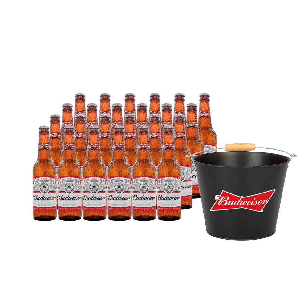 24x Cerveza Budweiser Botellín 330cc + Cubeta Cervecera Budweiser