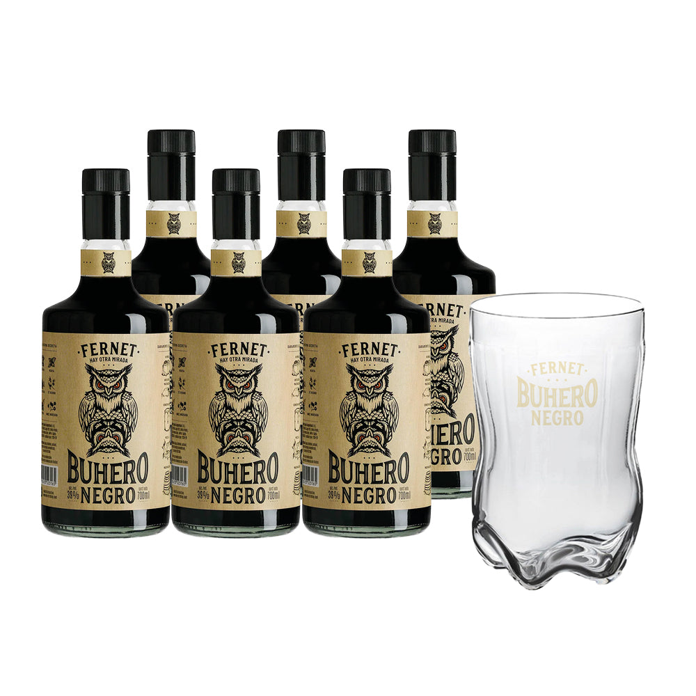 6x Licor Fernet Buhero Negro 39° 700cc + Vaso Fernetero de Regalo