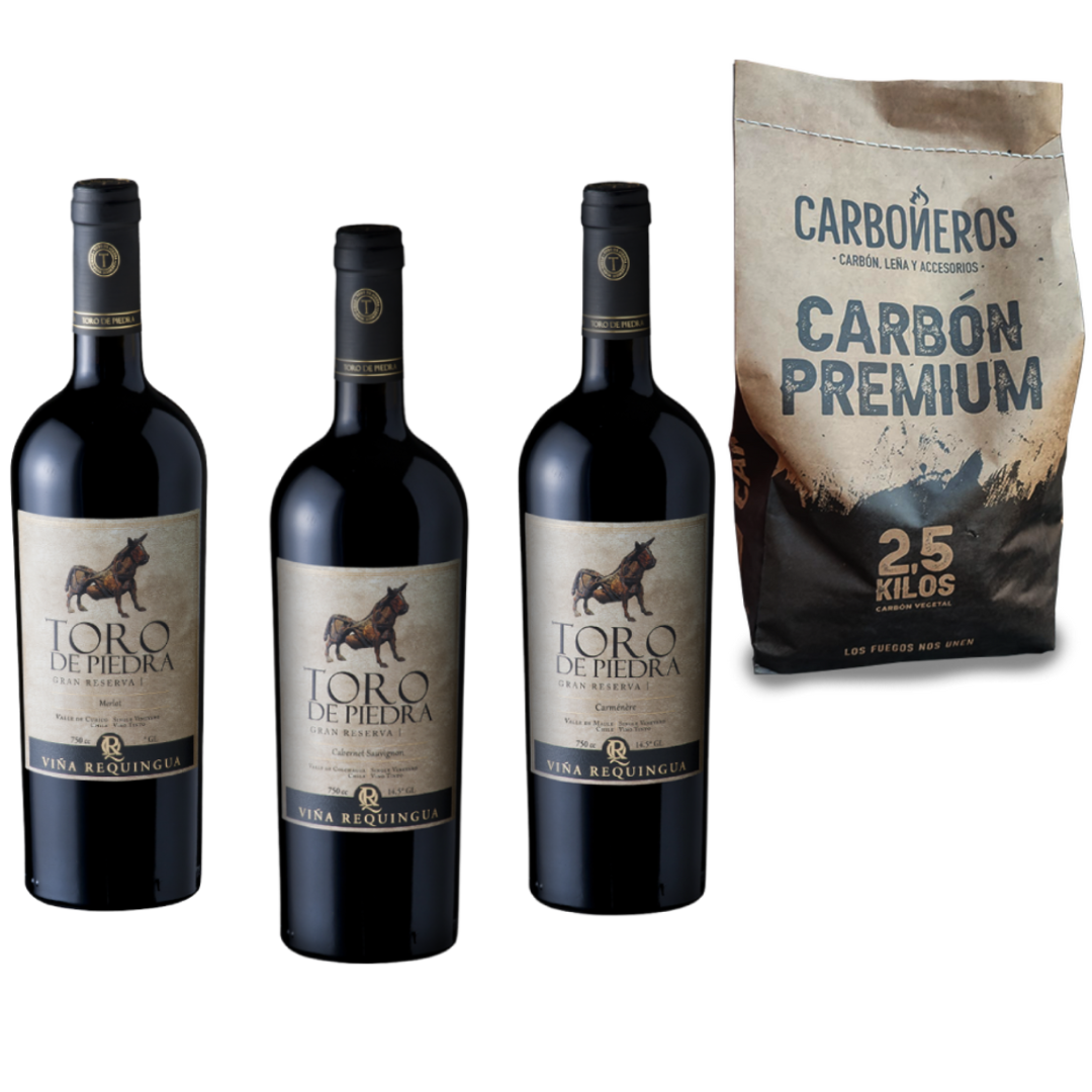 Mix Vino Toro de Piedra Gran Reserva + Carbón Premium Carboneros 2,5 Kg