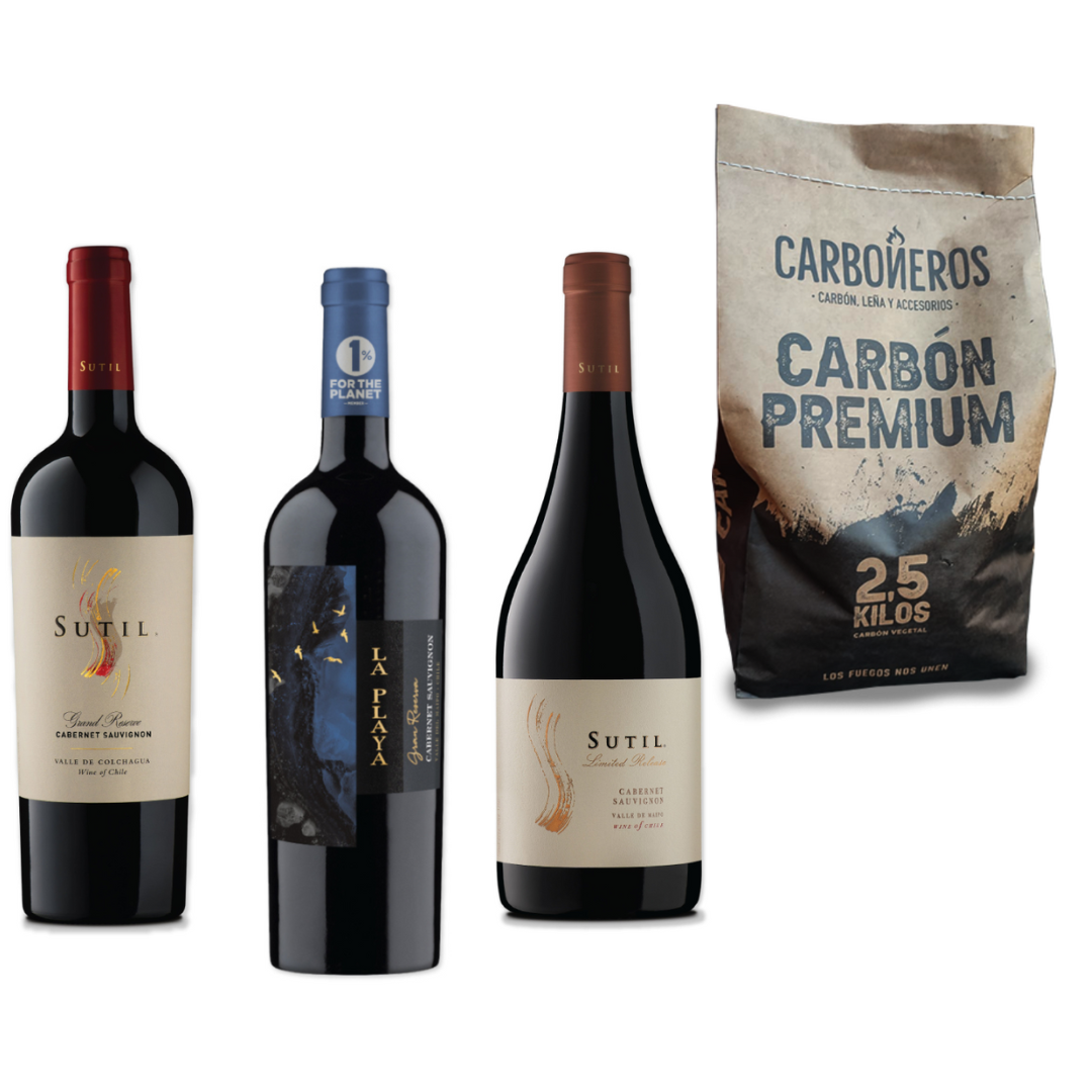Mix Vinos Gran Reserva Cabernet Sauvignon Viña Sutil + Carbón Premium Carboneros 2,5 Kg