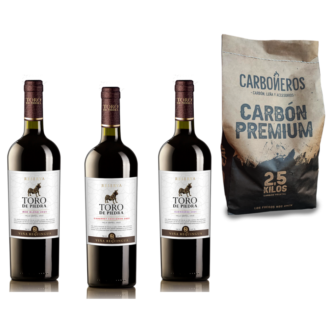 Mix Vino Toro de Piedra Reserva + Carbón Premium Carboneros 2,5 Kg