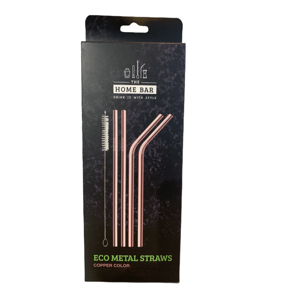 Caja Bombillas De Metal Ecologicas Rose Gold - Set De 4 + Cepillo