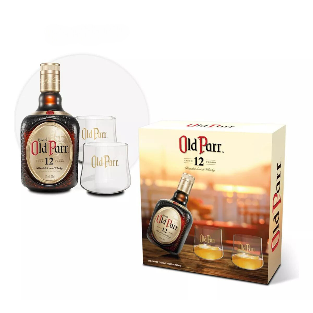 Pack Whisky Old Parr Blended Scotch 12 años 750cc + 2 Vasos