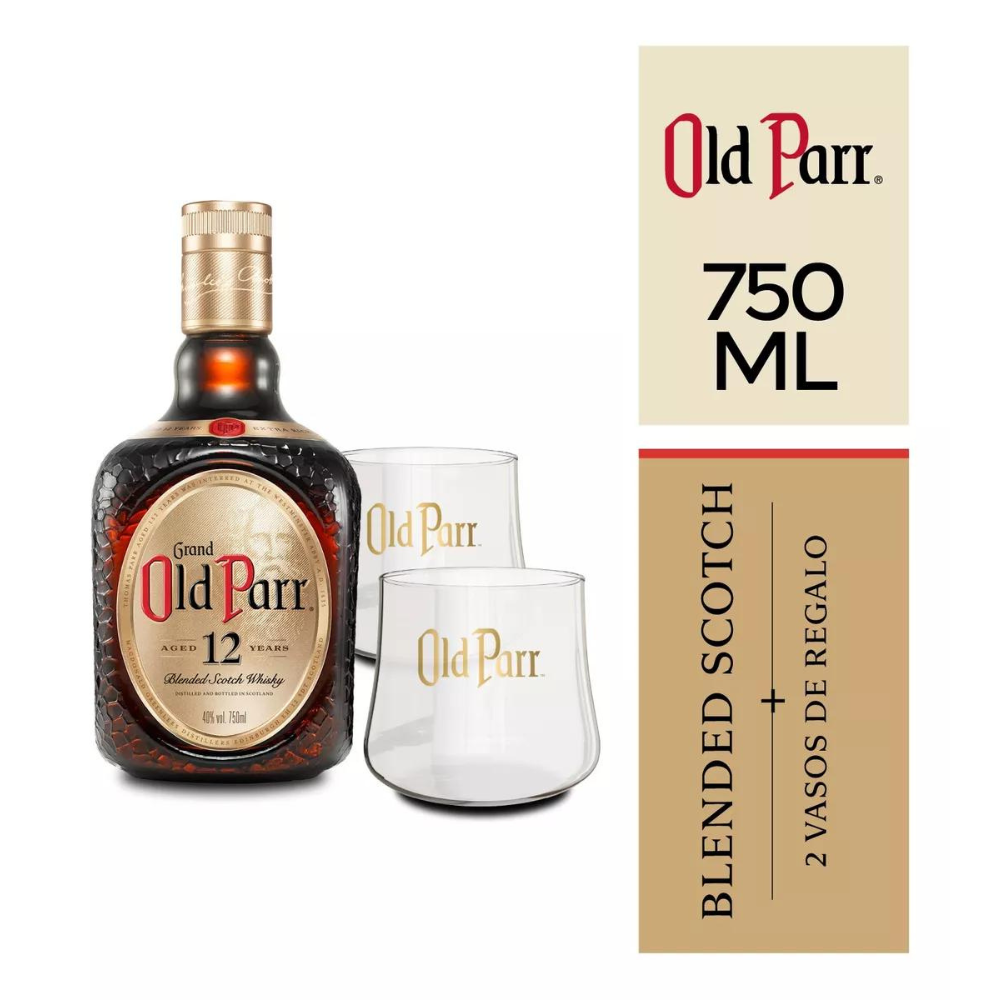 Pack Whisky Old Parr Blended Scotch 12 años 750cc + 2 Vasos