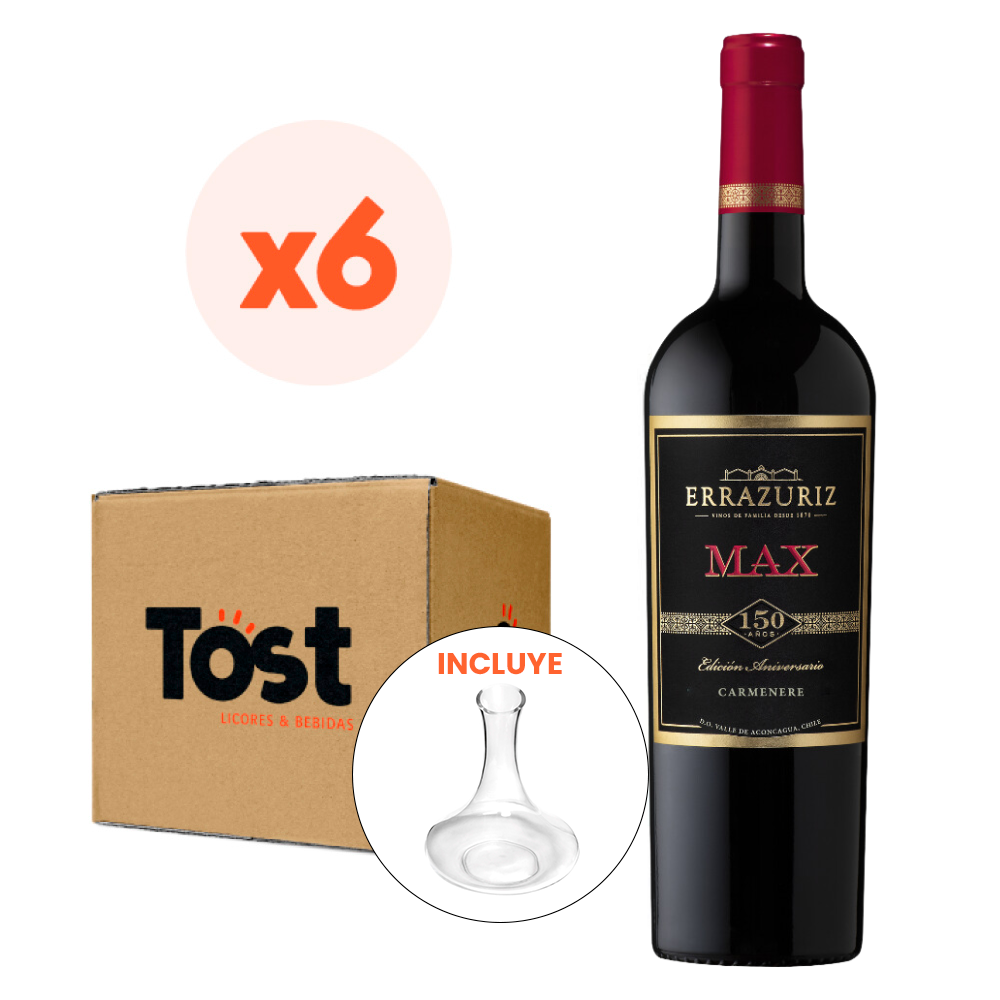 6x Vino Errazuriz Max Cepas 750cc + Decantador 1500cc