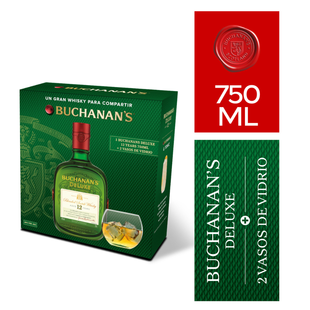 Pack Whiskey Buchanan's Deluxe 12 Años 750cc + 2 Vasos