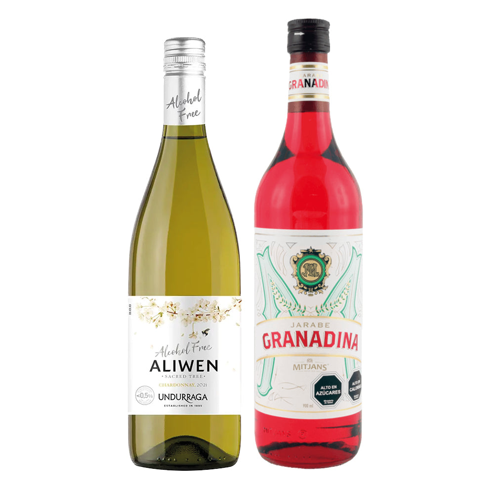 Pack Terremoto Sin Alcohol: Aliwen Alcohol Free Chardonnay 750cc + Granadina Mitjans 900cc