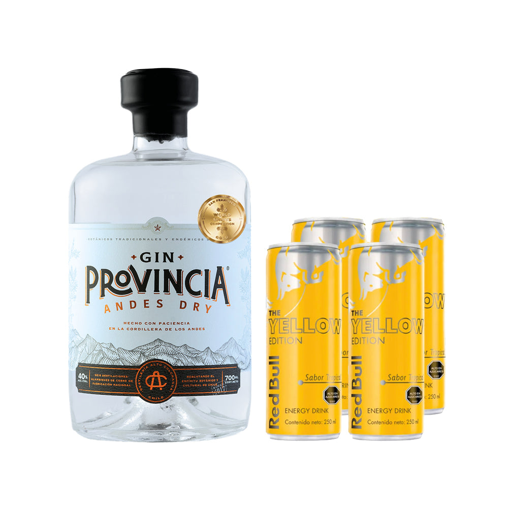 Pack Tropical Gin: Gin Provincia Andes Dry 700cc + 4 Red Bull Yellow 250cc