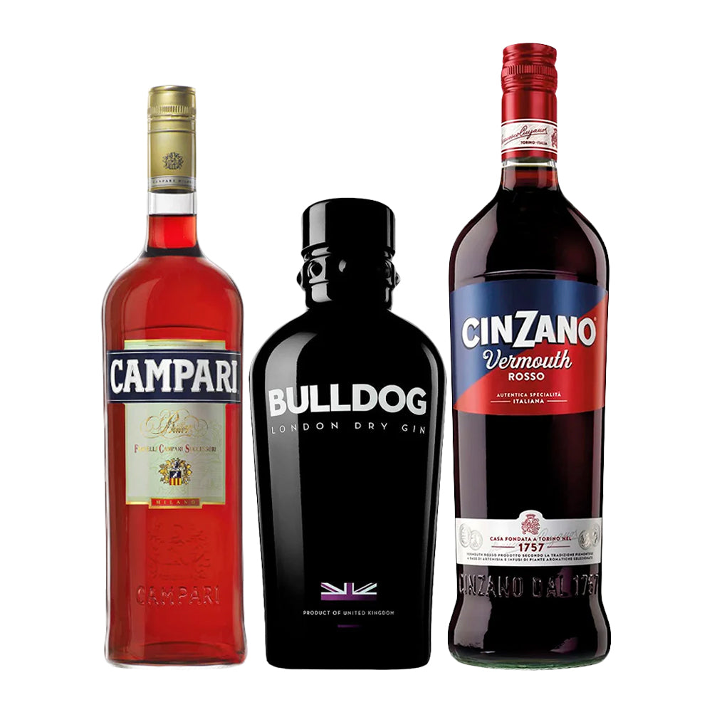 Pack Negroni: Gin Bulldog 750cc + Licor Campari 750cc + Vermouth Cinzano 1000cc
