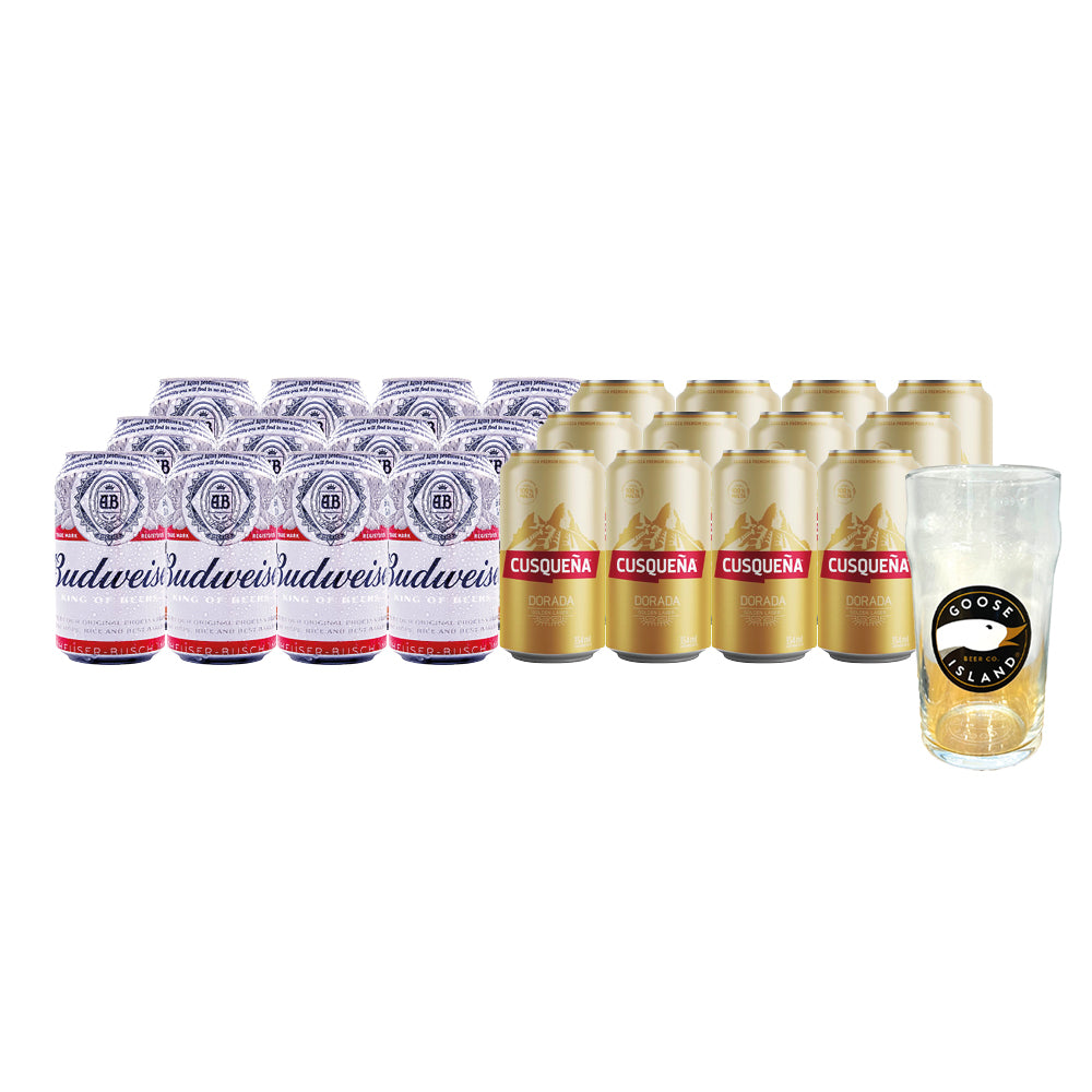 12x Budweiser 354cc + 12x Cusqueña 354cc + Vaso Schopero de Regalo