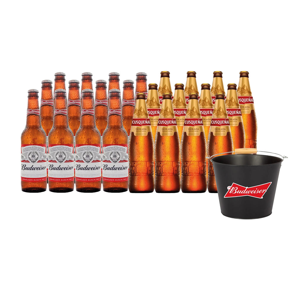 12x Budweiser Botellín 330cc + 12x Cusqueña Lager Botellín 330cc + Bucket de Regalo
