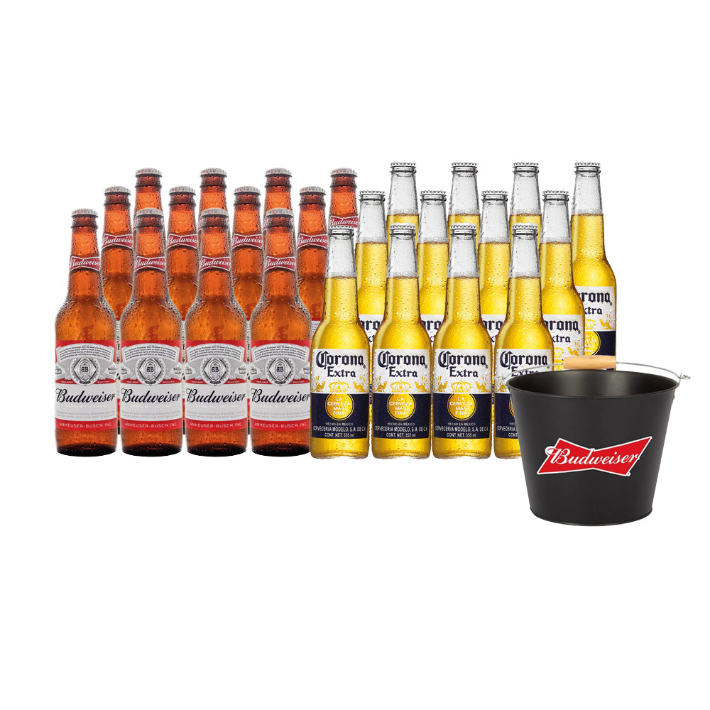 12x Budweiser Botellín 330cc + 12x Corona Extra Botellín 330cc + Bucket de Regalo