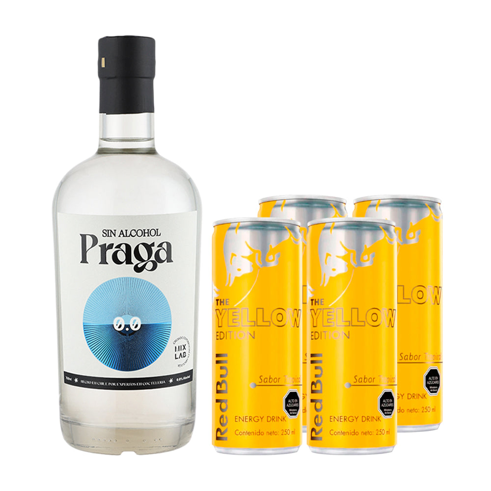 Pack Mocktail Tropical Gin: Gin Praga Sin Alcohol + 4 Red Bull Yellow 250cc