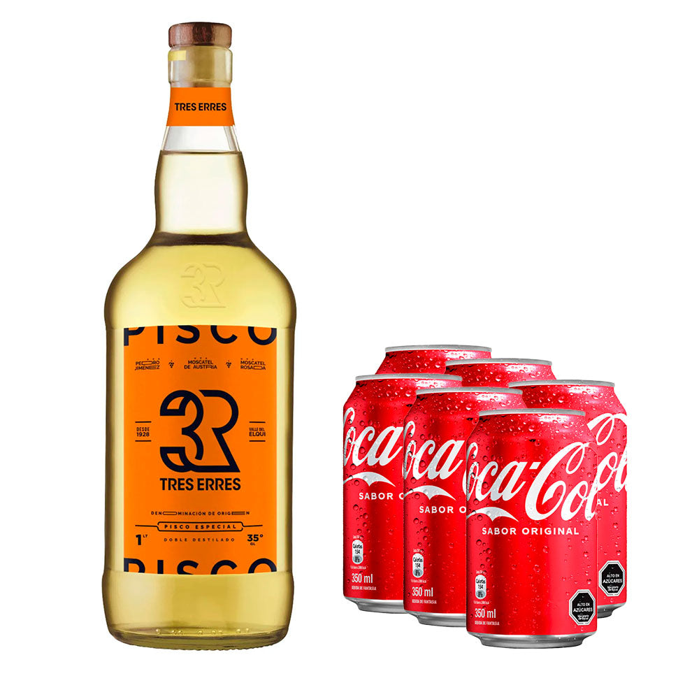 Pack Piscola Tres Erres 1000cc + Six Pack Coca Cola Original 350cc