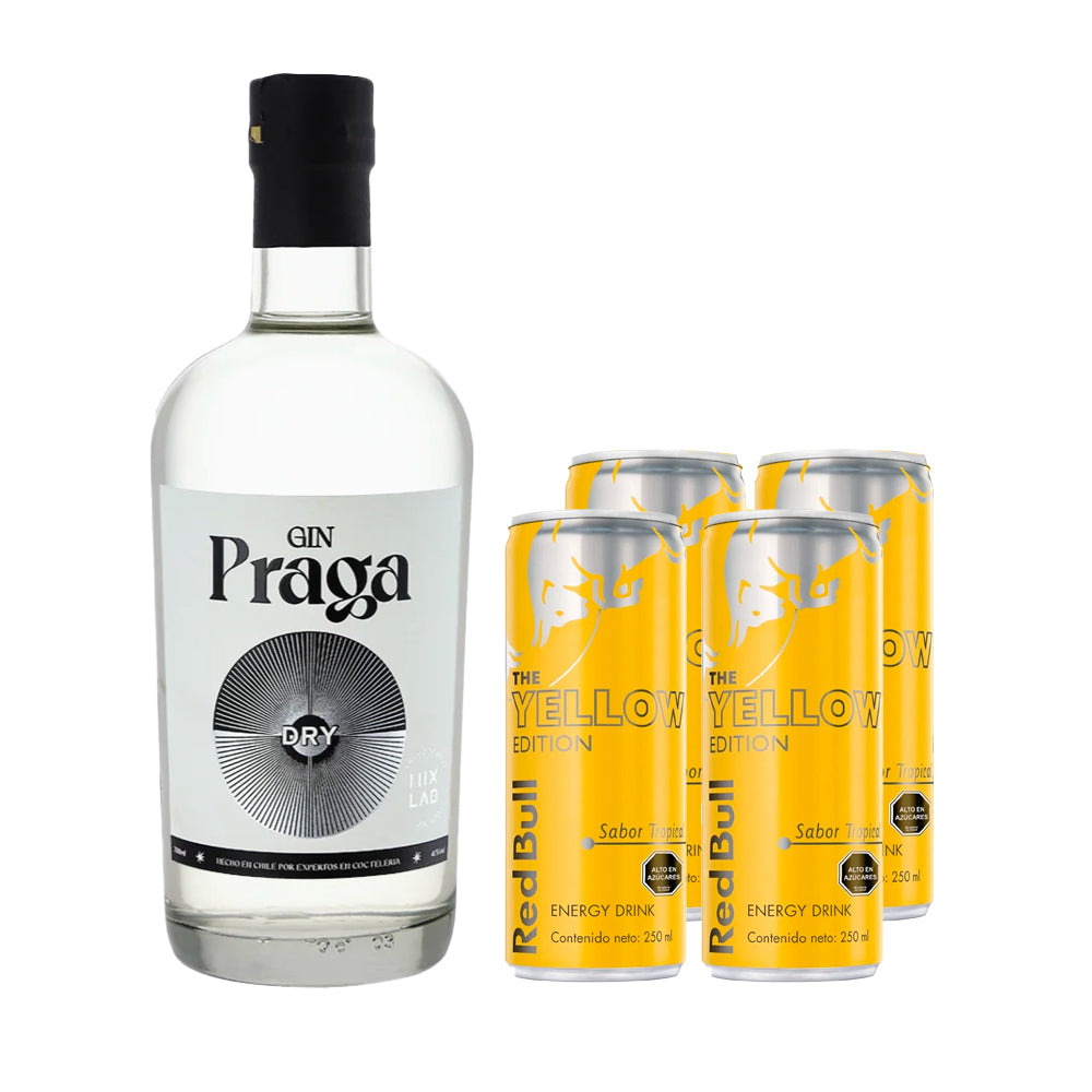 Pack Tropical Gin: Gin Praga + 4 Red Bull Yellow 250cc