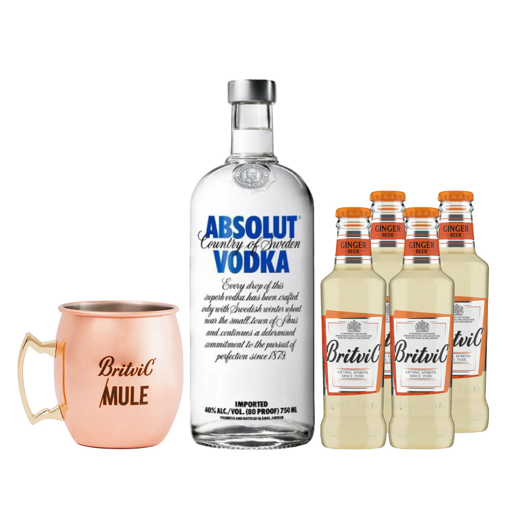 Pack Moscow Mule: Vodka Absolut 750cc + 4x Ginger Beer Britvic + Copper Mug de Regalo