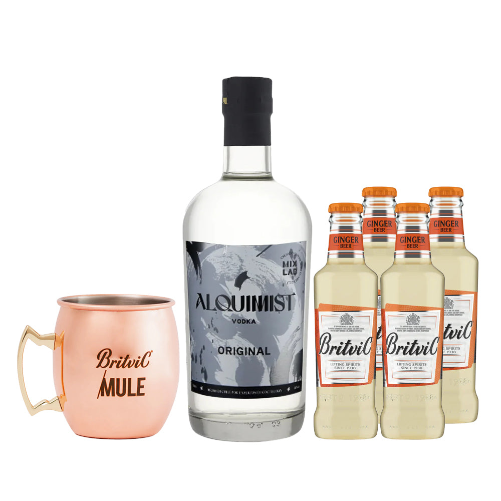 Pack Moscow Mule: Vodka Alquimist 38° 700cc + 4x Ginger Beer Britvic + Copper Mug de Regalo