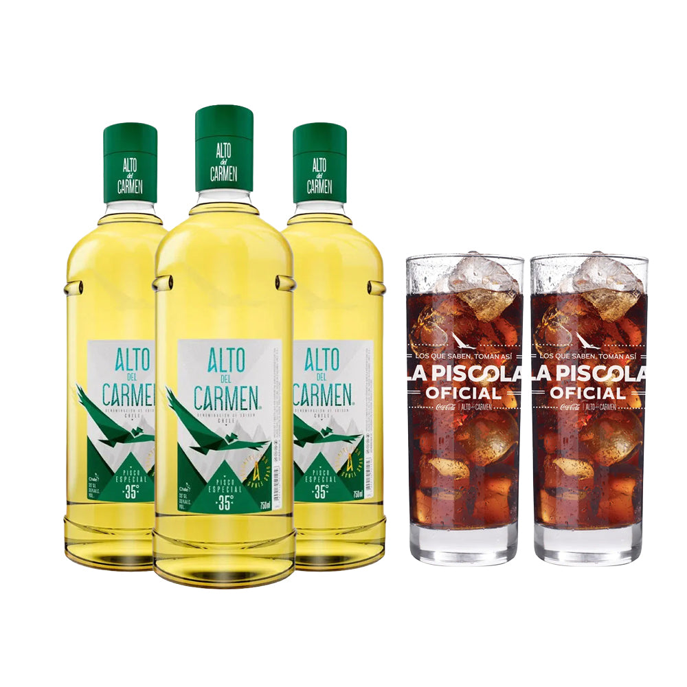 Pack 3 Alto Del Carmen 35º 750cc + 2 Vasos Piscoleros de Regalo