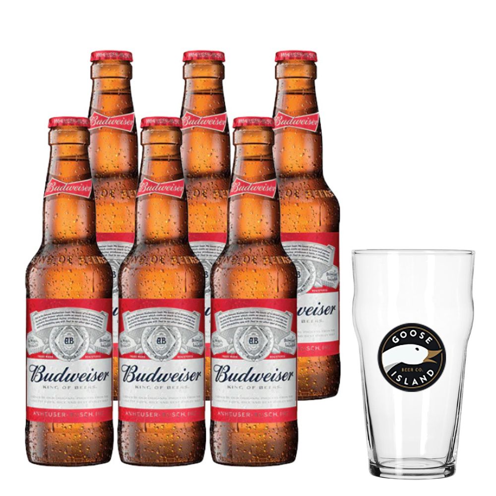 6x Cerveza Budweiser Botellín 330cc + Vaso Schopero de Regalo
