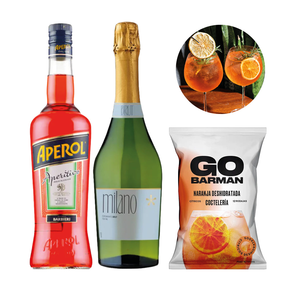 Pack Licor Aperol 750cc + Espumante Milano 750cc + Deshidratado Go Barman 32g