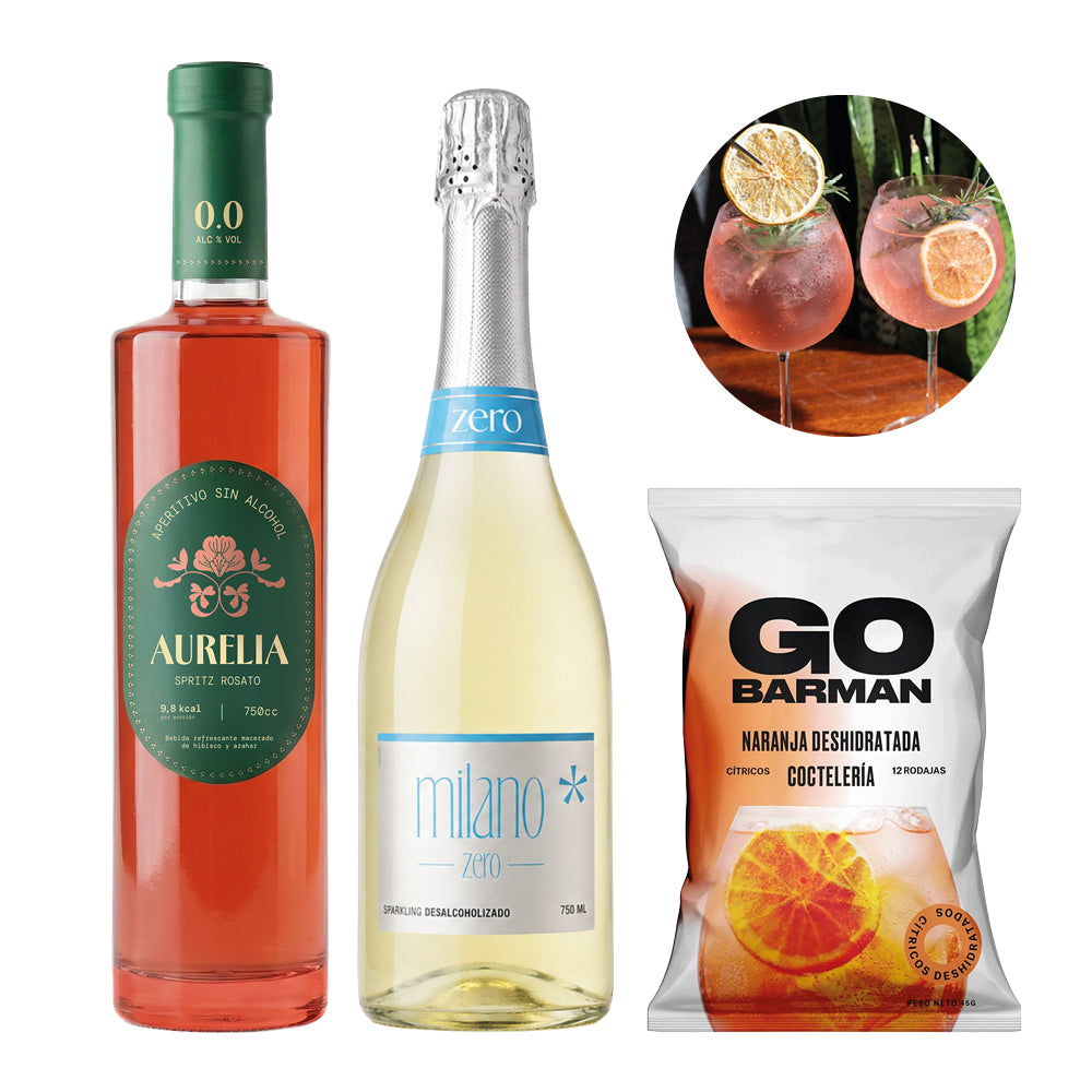 Pack Licor Sin Alcohol Aurelia Rosato 750cc + Espumante Milano Zero 750cc + Deshidratado Go Barman 32g