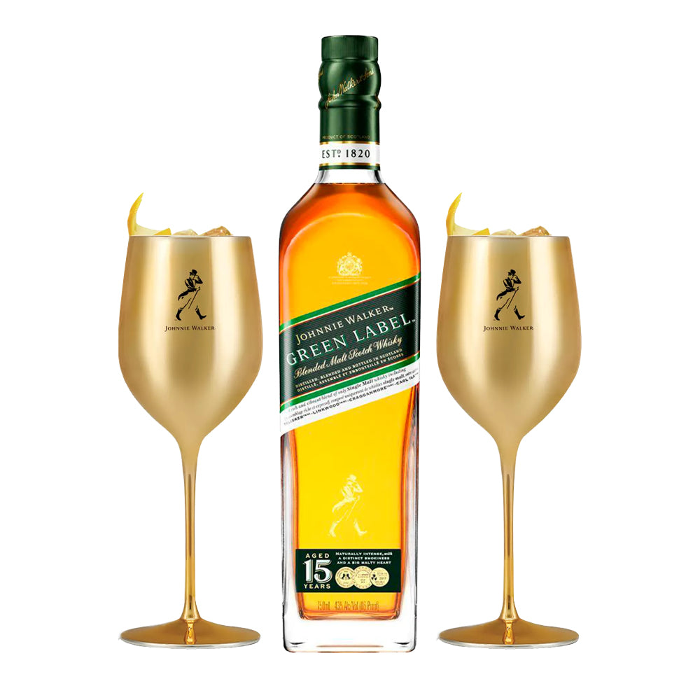 Whisky Johnnie Walker Green Label 15 años 750cc + 2 Copas Doradas de Regalo