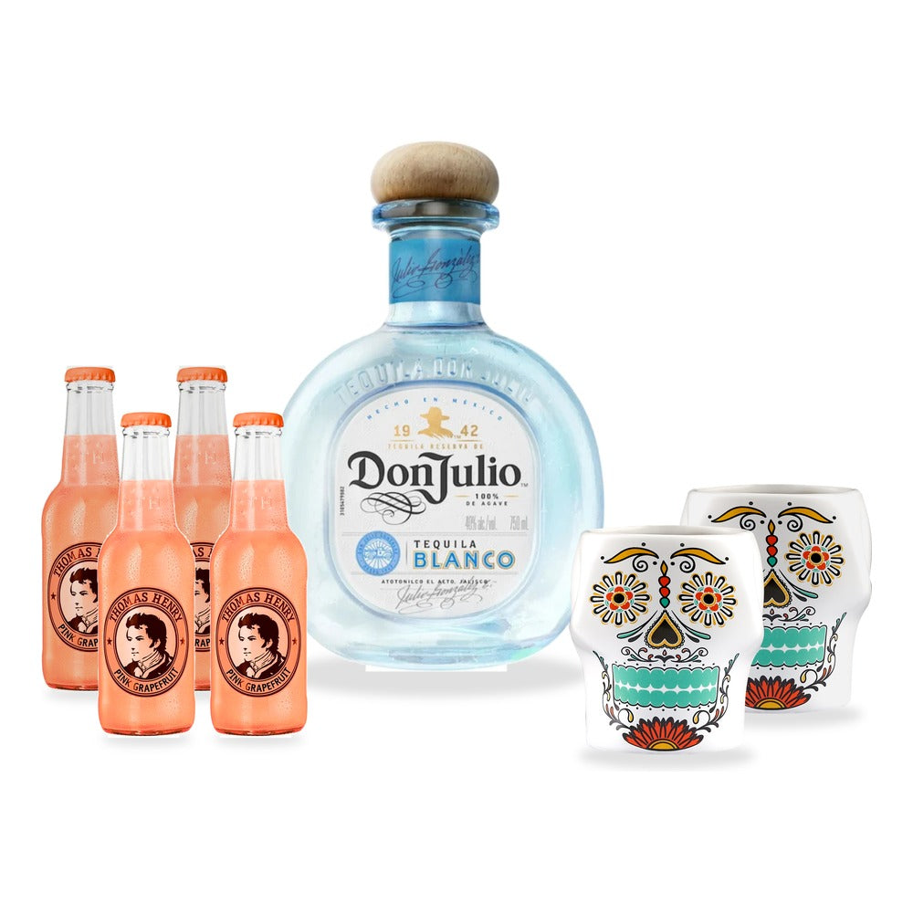 Pack Tequila Don Julio Blanco 750cc + 4 Thomas Henry Pink Grapefuit 200cc + 2 Catrinas de Regalo