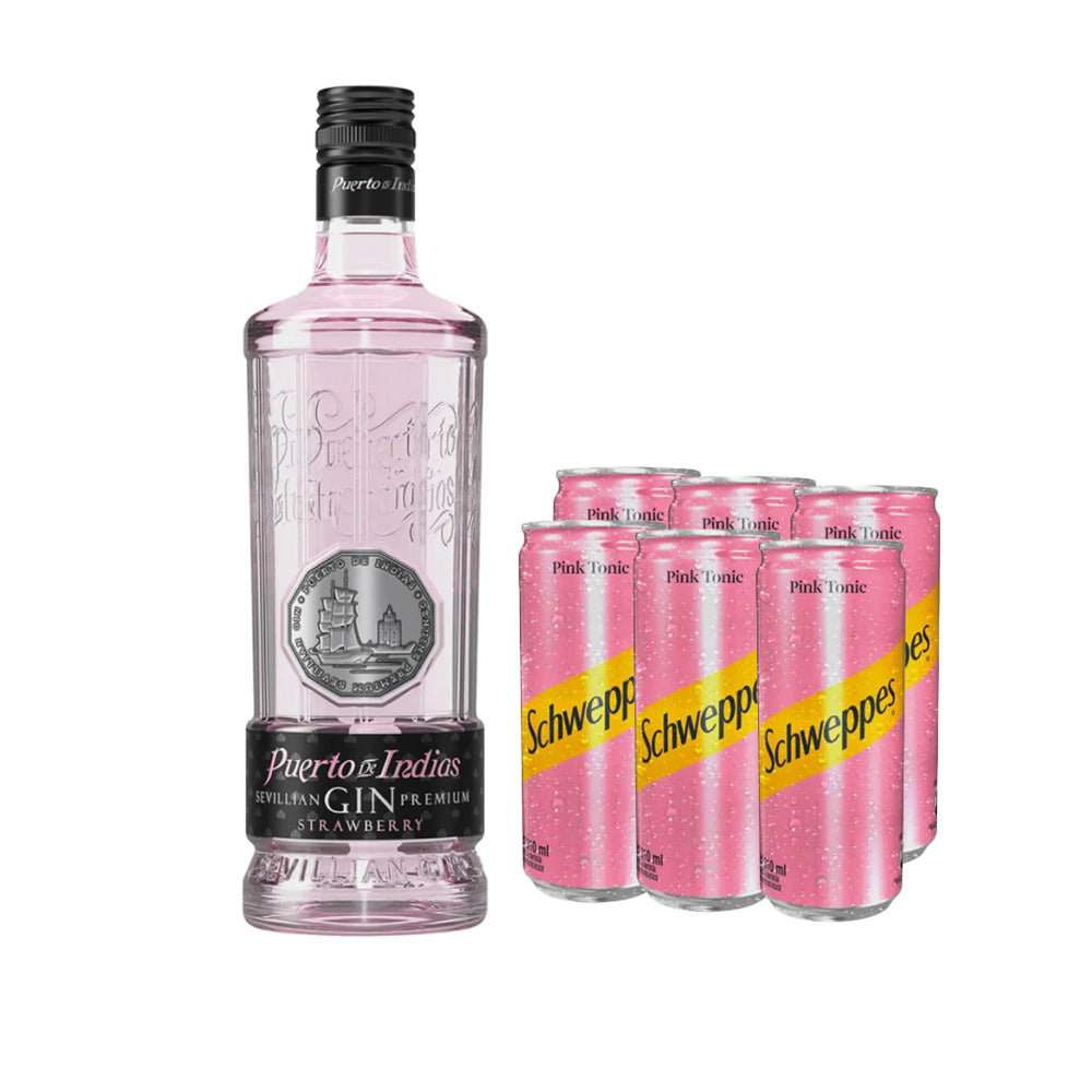 Gin Puerto de Indias Strawberry 700cc + 6 Schweppes Pink Tonic 310cc