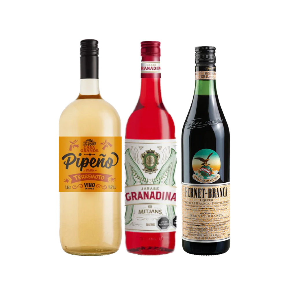 Pack Terremoto: Pipeño Casa Grande 1500cc + Granadina Mitjans 900cc + Fernet Branca 750cc