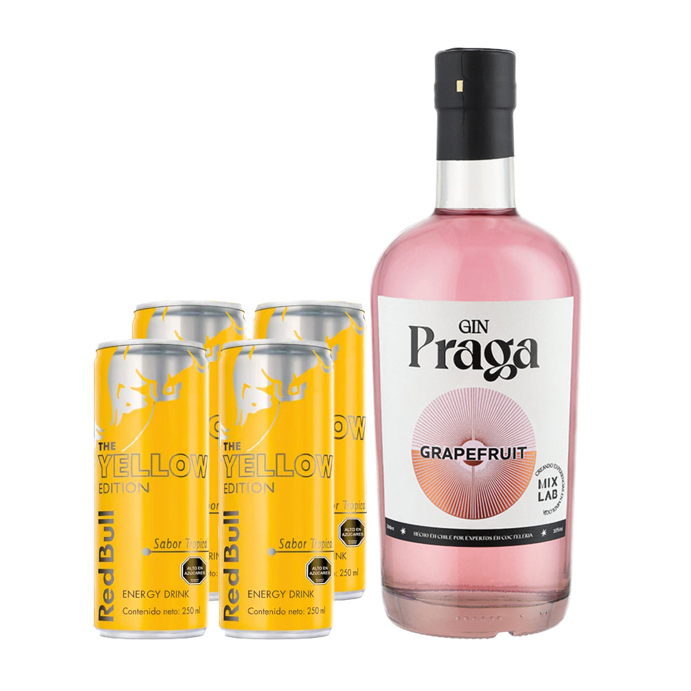 Pack Tropical Gin: Gin Praga Grapefruit + 4 Red Bull Yellow 250cc
