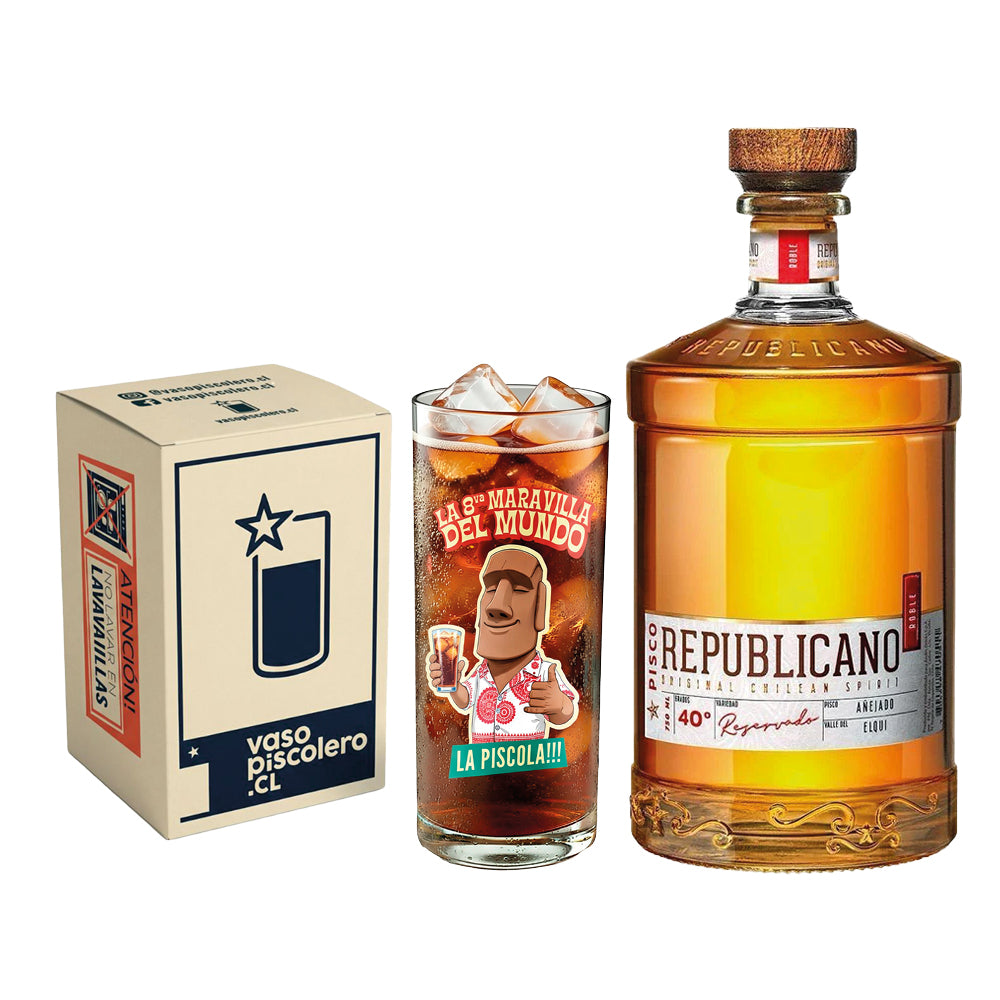 Pisco Republicano Añejado en Roble 40º 750cc + Vaso Piscolero Ilustrado 450cc