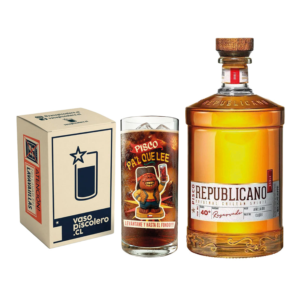 Pisco Republicano Añejado en Roble 40º 750cc + Vaso Piscolero Ilustrado 450cc