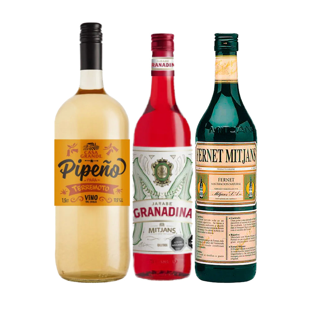 Pack Terremoto: Pipeño Casa Grande 1500cc + Granadina Mitjans 900cc + Fernet Mitjans 900cc