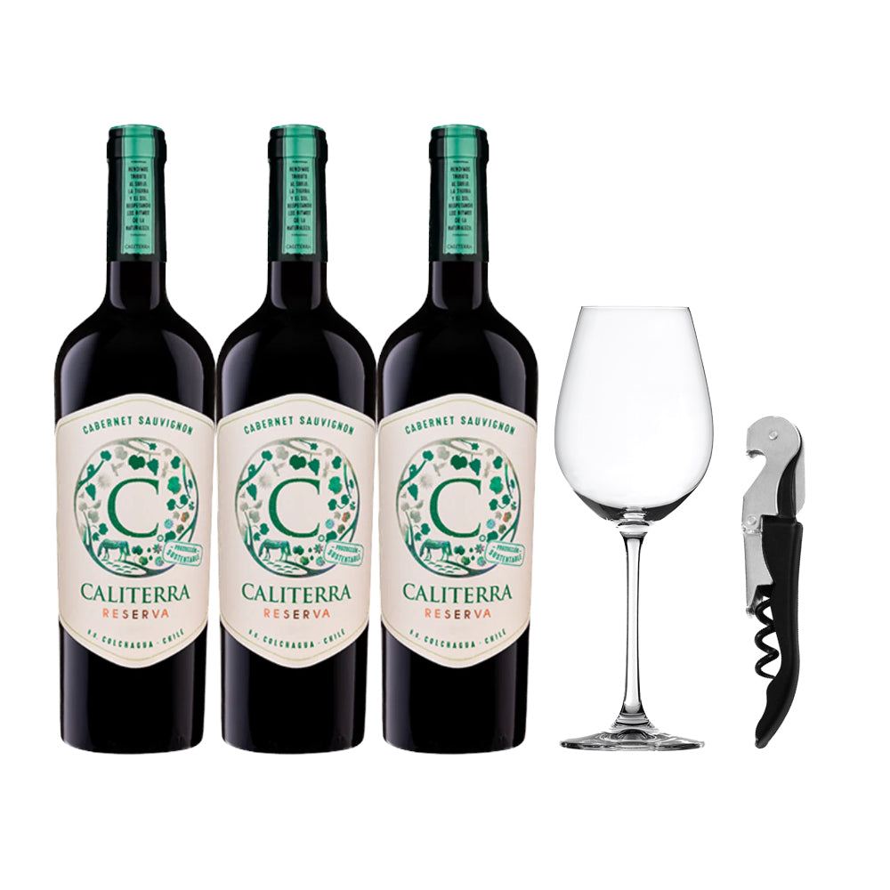 Pack 3 Vino Caliterra Reserva 750cc + Copa + Descorchador