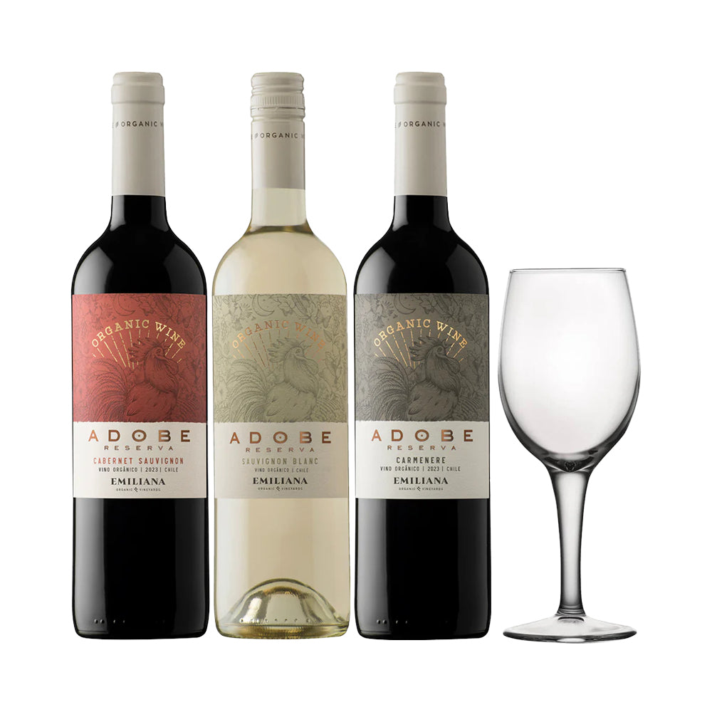 Arma tu Pack - 3x Vino Orgánico Adobe Reserva Cepas 750cc + Copa de Regalo