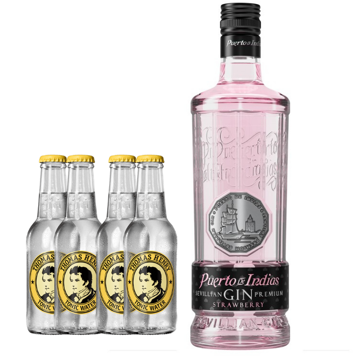 Gin Puerto de Indias Premium Strawberry 700cc + 4 Thomas Henry Tonic Water