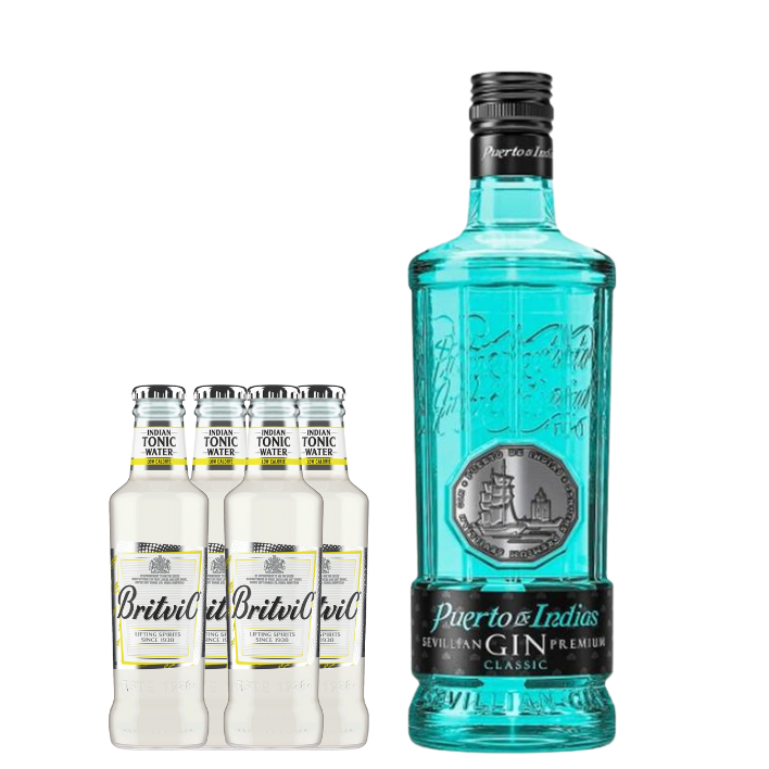Gin Puerto de Indias Classic 700cc + 4 Agua Tónica Britvic Low Calorie 200cc