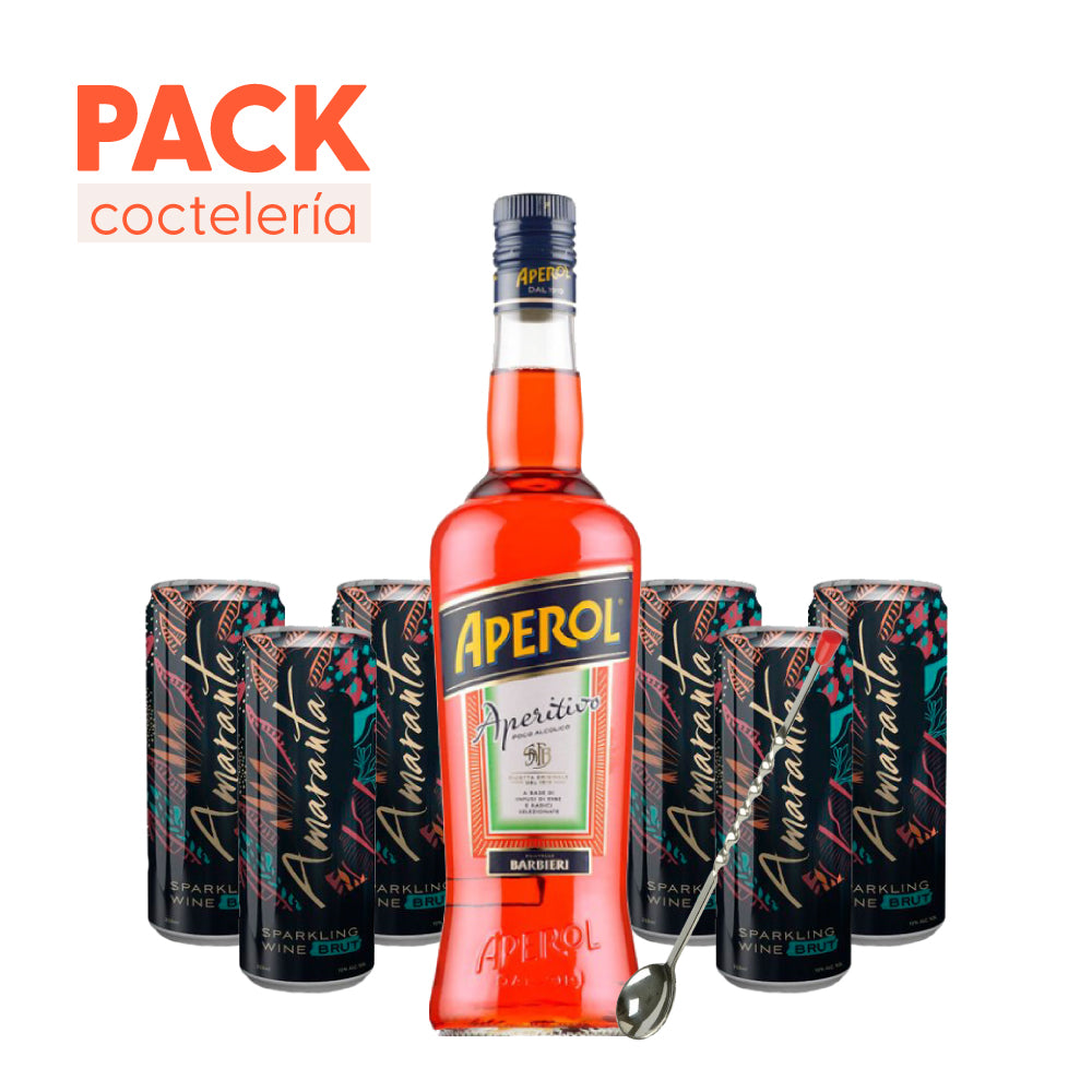 Pack Aperitivo Aperol 750cc + 6 x Amaranta Lata Brut 250cc + Cuchara Cóctel