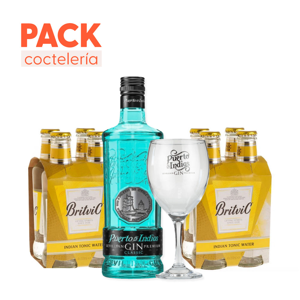 Pack Gin Puerto de Indias 700cc + Copa Premium + 8 Britvic Tonic 200cc