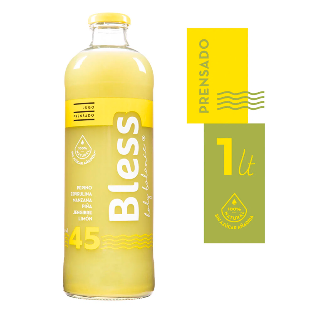 Jugo Prensado Bless 45 Pepino Espirulina Manzana Piña Jengibre Limón 1000cc