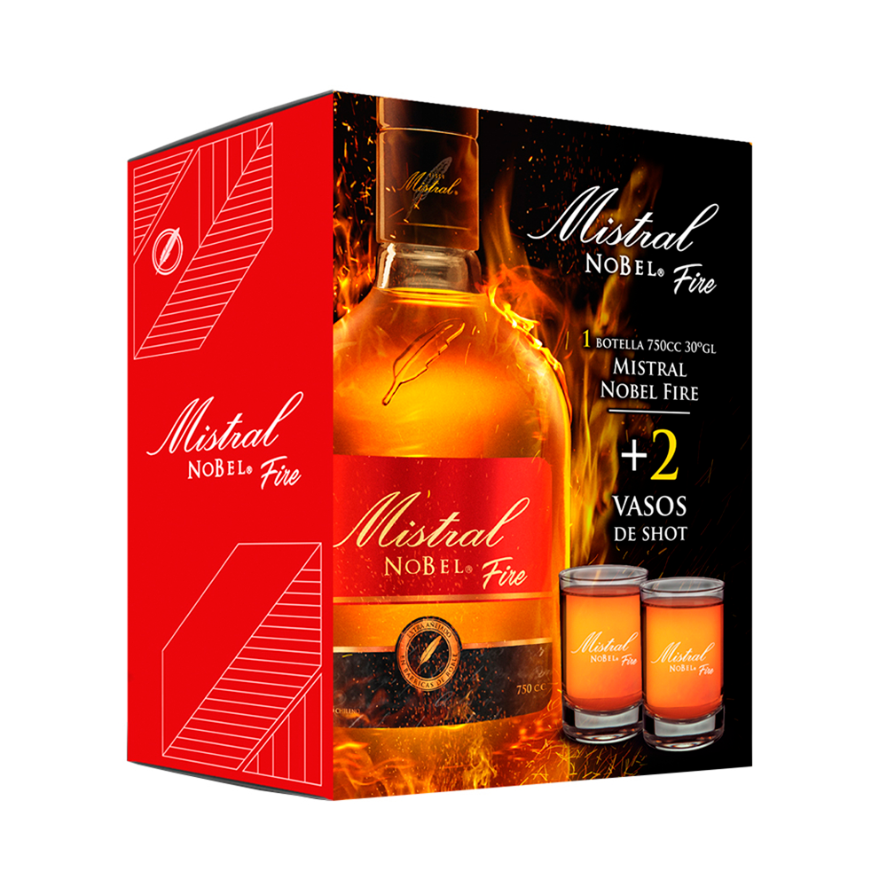 Pack Mistral Nobel Fire 30° 750cc + 2 Vasos de Shots