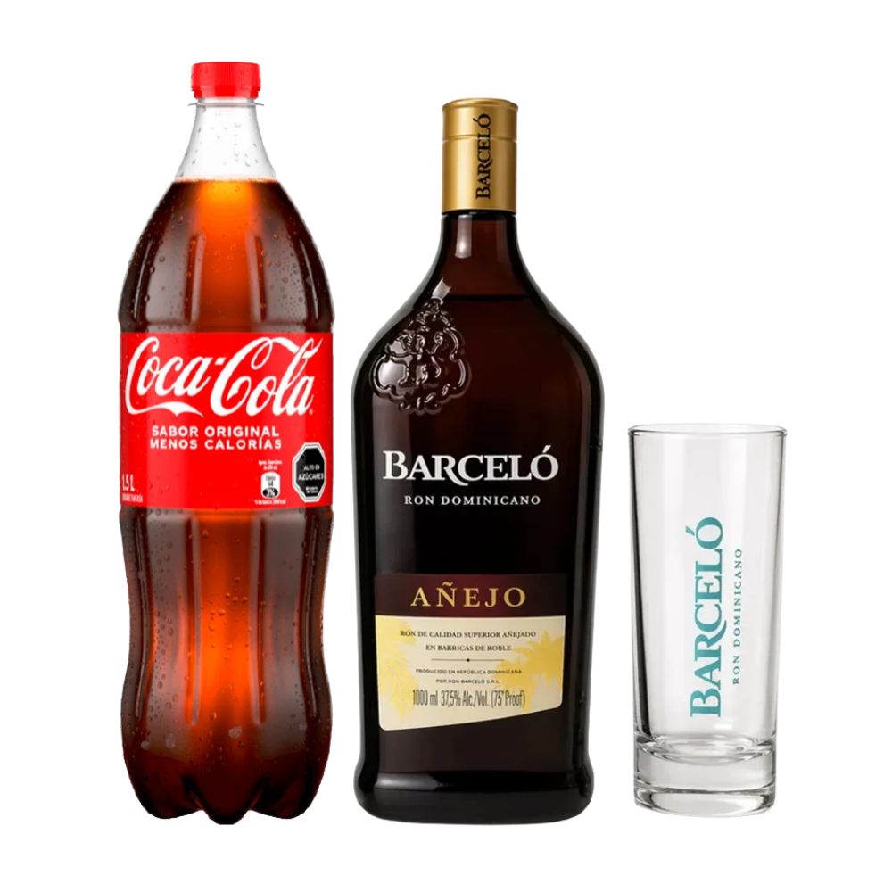 Pack Ron Cola: Ron Barceló Añejo 1000cc + Coca-Cola 1500cc Variedades + Vaso de Regalo