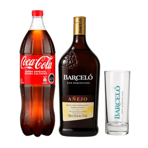 Pack Ron Cola: Ron Barceló Añejo 1000cc + Coca-Cola 1500cc Variedades + Vaso de Regalo