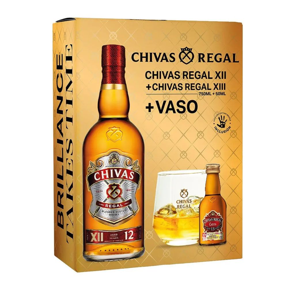 Pack Whisky Chivas Regal 12 años 750cc + Whisky Chivas Extra 13 años 50cc + Vaso Chivas Regal