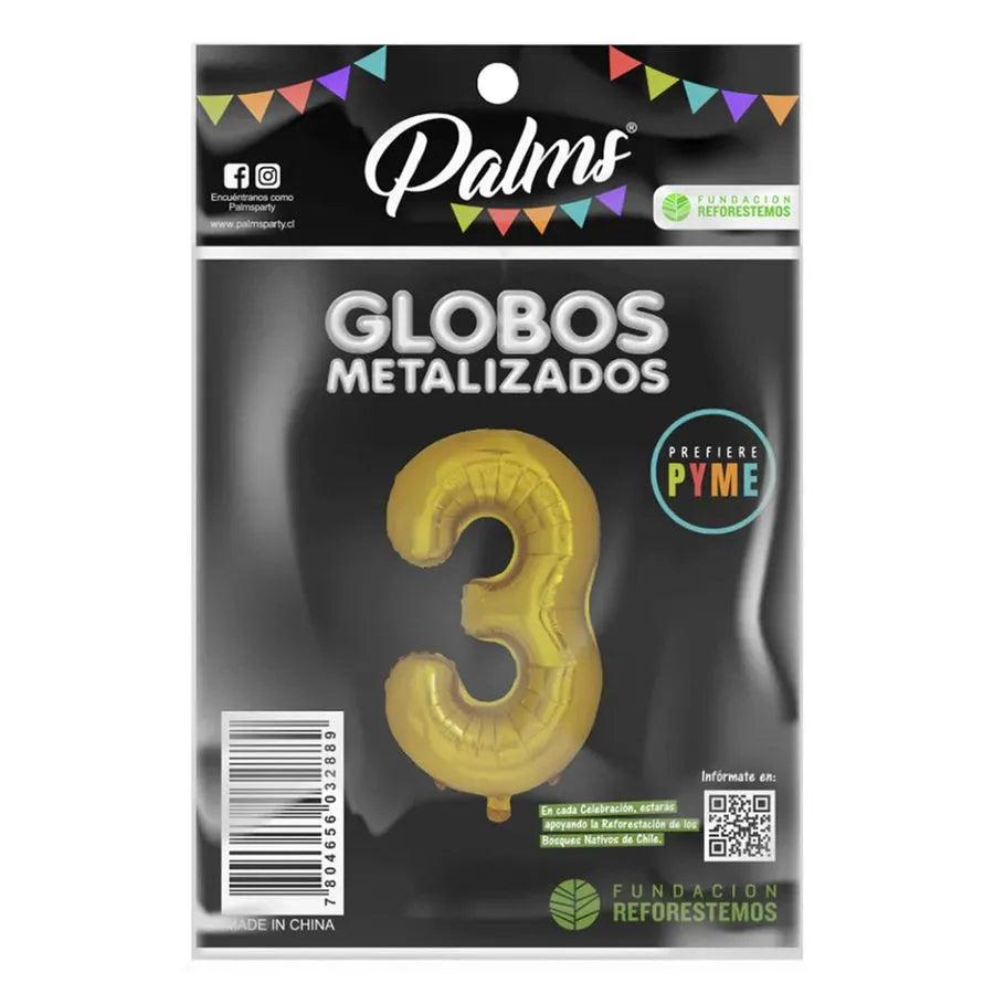 Globo Metalizado Dorado Número 3 Palms