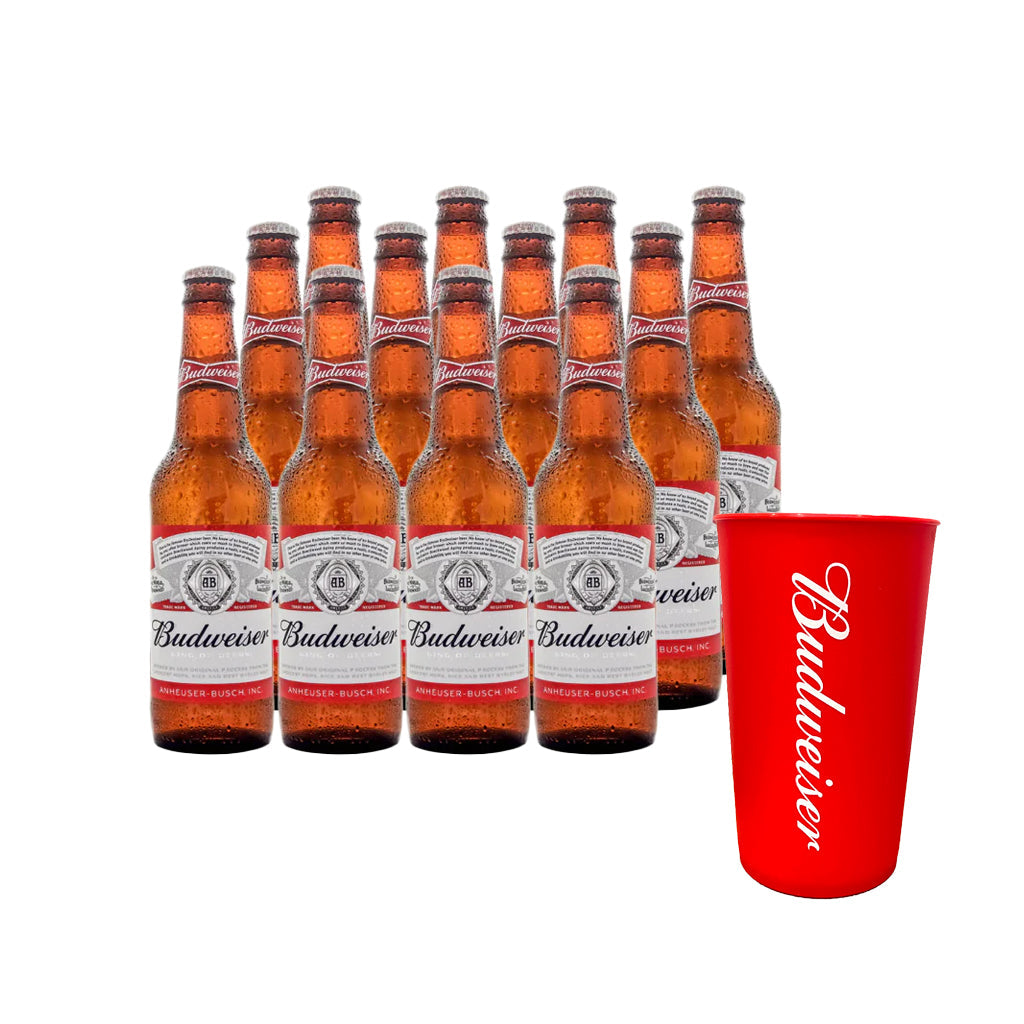 12x Cerveza Budweiser Botellín 330cc + Vaso de Regalo